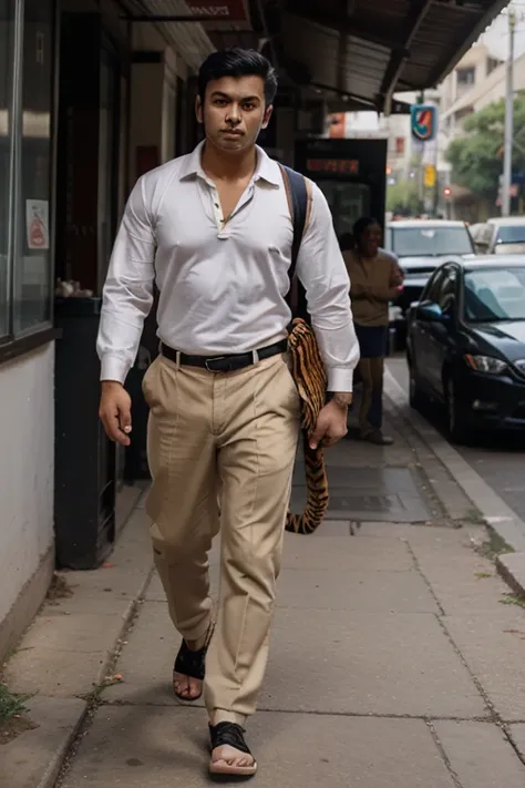 An Indosian man walks with a big, dashing tiger