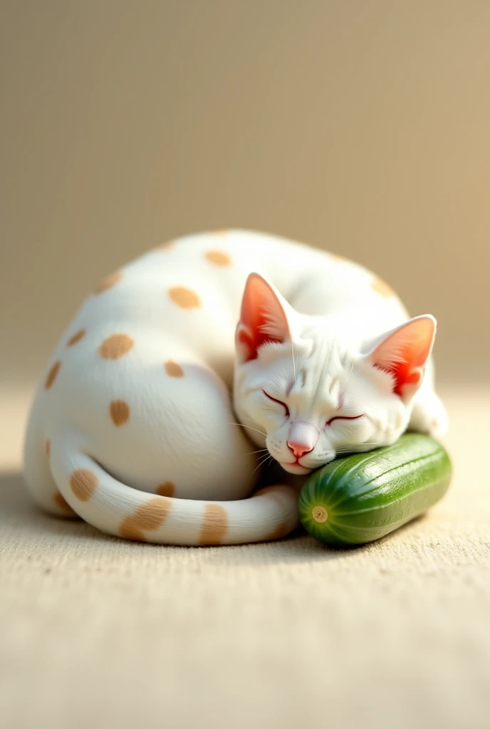 A white Odeye cat sleeping with a cucumber