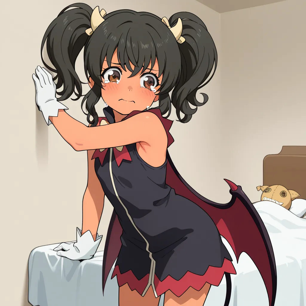  masterpiece, gets knocked down by the bed, shows off her side, side up,I can smell armpits, Little Devil Cosplay,Little devil horns,I'm ashamed and frustrated, teary eyes in the store, simple background , best quality, high resolution,  latest, Scenic, 1 ...