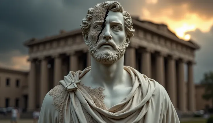 A marble statue dramatic and highly detailed of a man ( 20-35 years old ) with short beard and wavy hair, inspired by ancient Roman and Greek sculptures. Her face is divided into two halves: one side is calm , wise and resolute, while the other is fracture...