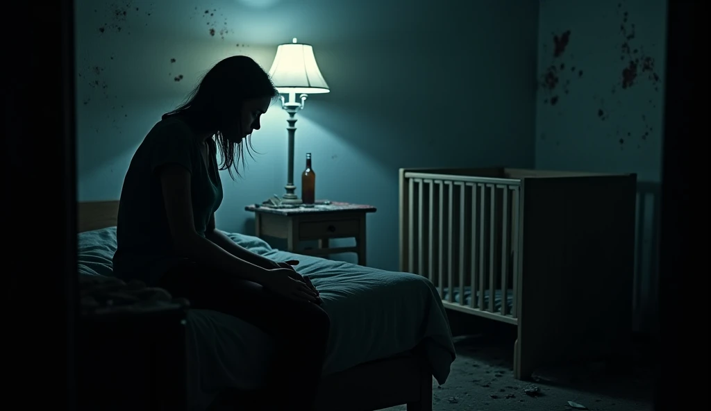 A dark and emotional scene set in a dimly lit, neglected apartment. A sorrowful mother figure sits on the edge of an old, unkempt bed, her face partially obscured by shadow, eyes filled with regret and despair. The atmosphere is heavy with sadness. In the ...