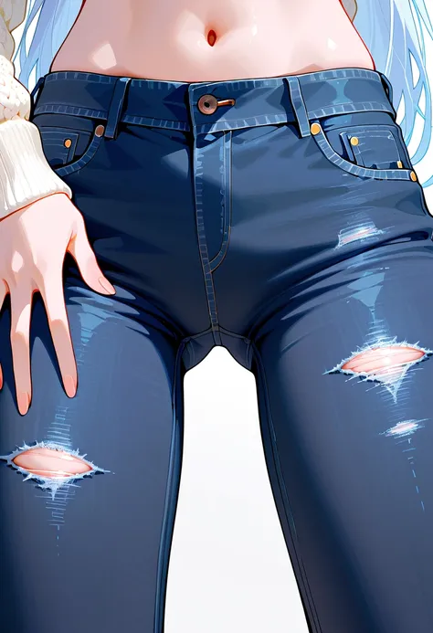   black skinny jeans　crotch that has cut into the jeans quite a bit　 long blue hair　 white hair band　Beautiful night view　White knit　 crotch close-up　Disgusting cracks in jeans