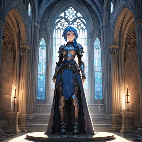 Blue Haired Girl (Ethnicity: 1.2), (Age: 2.0), (Clothing Details: 1.2), (Accessories: 1.1), (Facial Features: 1.3), (Expression: 1.2), (Body Type: 1.1), (Pose: 1.2), Center of an ornate Gothic cathedral-like environment, Two long braids of blue hair, Well-...