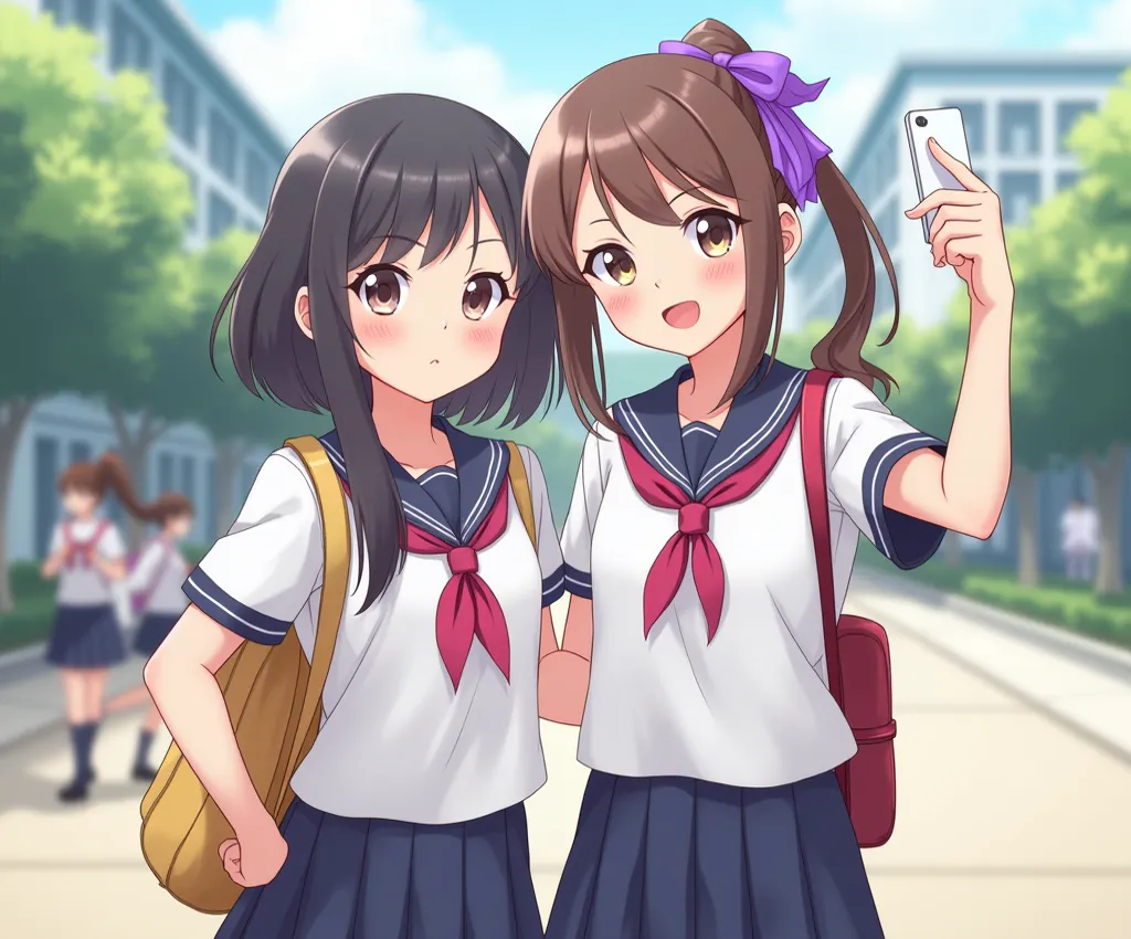  wearing a school uniform at school taking pictures with her friend with a purple anime-style ribbon