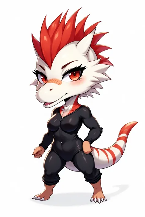 Female, Chibi, furry, stylization, white background, big eyes, stripped red mohican hair white dinosaur raptor with fit body, the character uses a black jumpsuit with sleeves