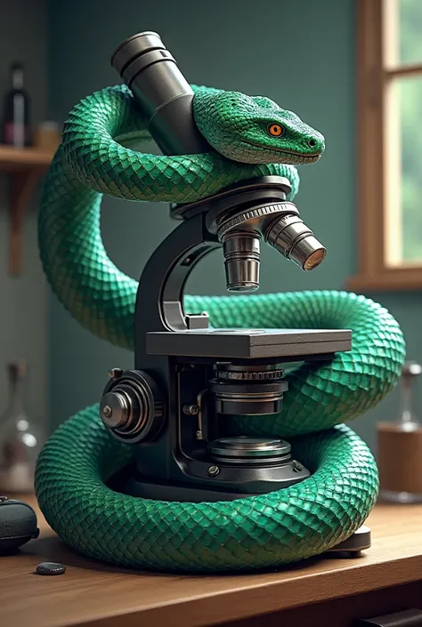 I would like a drawing of a snake wrapped around a microscope 