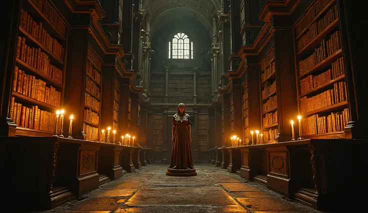 "A grand, candlelit library at midnight, filled with towering bookshelves lined with ancient, dust-covered books. Golden candlelight flickers, casting long, eerie shadows across the dark wooden floors. In a hidden alcove, a mysterious wooden statue of a yo...