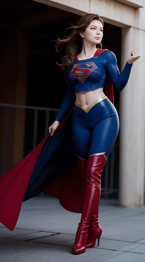 Supergirl  sexy em traje midriff, Side View,    fighting superheroines、 Athletic Fit Body ,  blue leggings、（（Red knee-length boots））、 Red Cloak 、Costumes with gold patterns、red bracelets、Spoiled,  healthy , perfect hand,  hands details,  Perfect Eyes,  det...