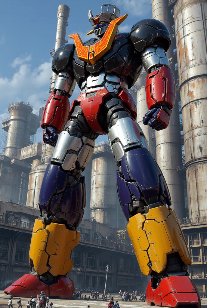  a very realistic version of Mazinger Z like the god of steel,  is in a battle pose while leaning forward at a height of 100 meters　Nuclear reactor equipment, cutting-edge science, giant plant 　 under construction and being converted into a Great Mazinger ...