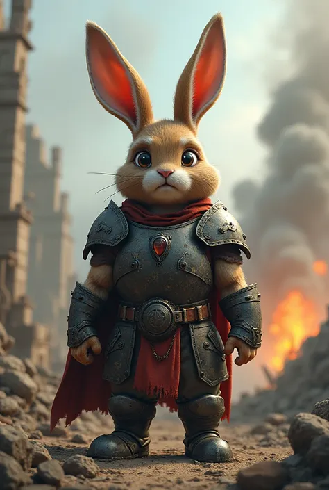 A sad 3d cartoon warrior rabbit with war background