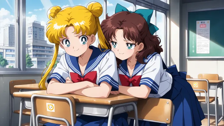 masterpiece,best quality,amazing quality, smug, with friends,brown hair, medium hair, wavy hair, teal eyes, detailed pupils, teal hairbow,school uniform,bow,serafuku,sailor collar,blue skirt,blue sailor collar,skirt,pleated skirt, school room, table, windo...