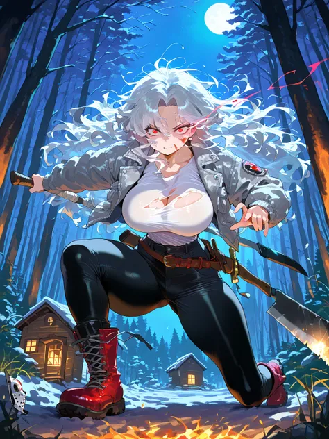 (masterpiece, best quality, amazing quality, very aesthetic), forest, night, moonlight, [wooden cabin], 1girl, \(solo, Grey Ripped Jacket, Jason Vorhees Girl , (hockey_mask_face), boots, black pants, big breasts, [machete], long hair, messy hair, silver ha...