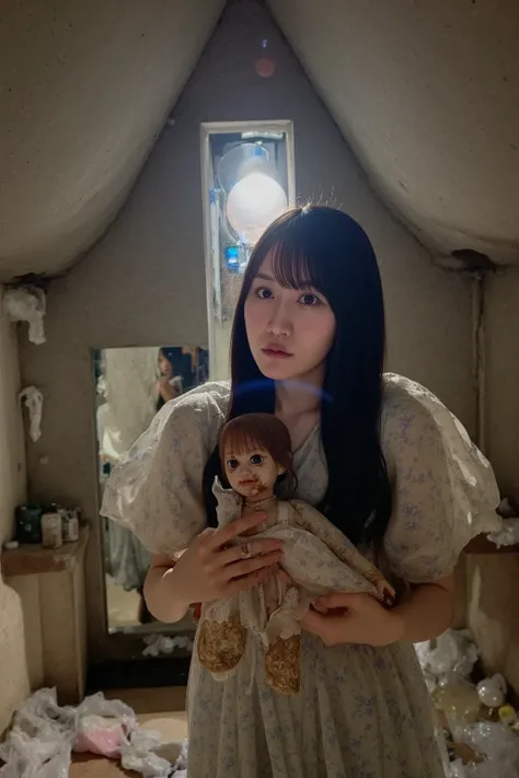 "A terrified woman kneeling in an abandoned house’s attic, holding a dusty, old porcelain doll in her trembling hands. The doll's cracked face and lifeless, staring eyes suddenly seem to glow faintly. Behind her, the shadows appear to shift unnaturally, as...