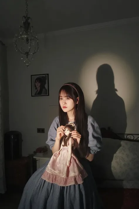 "A young woman sitting on her bed in a dimly lit bedroom, staring in horror at a small antique doll standing unnaturally on its own at the foot of the bed. The doll has a sinister grin, and its shadow on the wall stretches unnaturally tall, almost resembli...