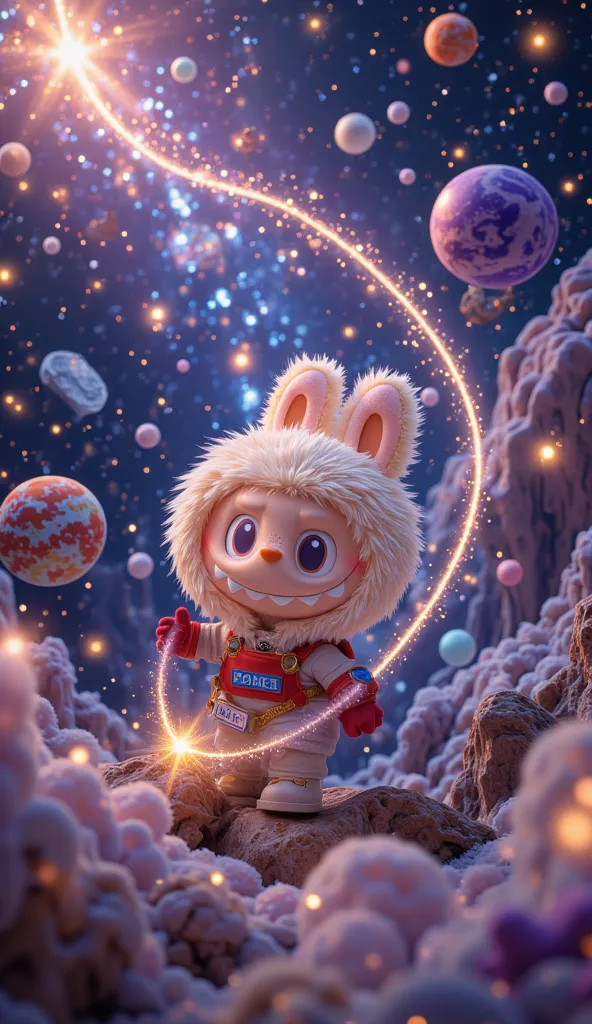 Labubu spinning playfully in space, moving between planets with joyful movements. Meteor showers pass behind, creating a glowing trail of light. The scene is colorful, with a warm and adventurous tone.