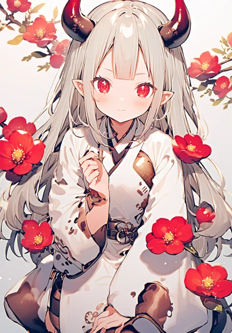 whole body， perfect foot，Perfect limbs， face to face and stand together in the ， glossy skin，Gray Hair， red eyes，horn，Nara flower，vtuber，にじさんじのNara flower，Only one person，