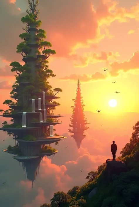 A picture of the near future,  Utopian style , gradient sky from orange sunset to deep indigo, floating city with green tree buildings and glass platforms, flying islands with waterfalls, silhouettes of people on a hill below right, looking up, bird drones...