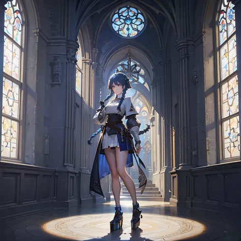 Blue Haired Girl (Ethnicity: 1.2), (Age: 2.0), (Clothing Details: 1.2), (Accessories: 1.1), (Facial Features: 1.3), (Expression: 1.2), (Body Type: 1.1), (Pose: 1.2), Center of an ornate Gothic cathedral-like environment, Two long braids of blue hair, Well-...