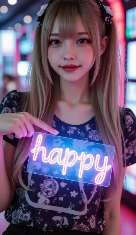  a confident woman has a proud expression 、 pointing to a floating 3D hologram ,  It features the word   " happy" In colorful neon colors .  and the background is digital and highly technical,  showing off the latest technology .