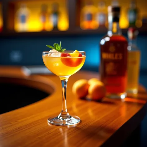 Create the following scenario for me: a wooden bar counter, with a yellow liqueur crystal cup with ice and peaches, On the right side, a highlighted liquor bottle, Where the ambient light focuses on top, Vibrant yellow lights background, blue, detailed and...