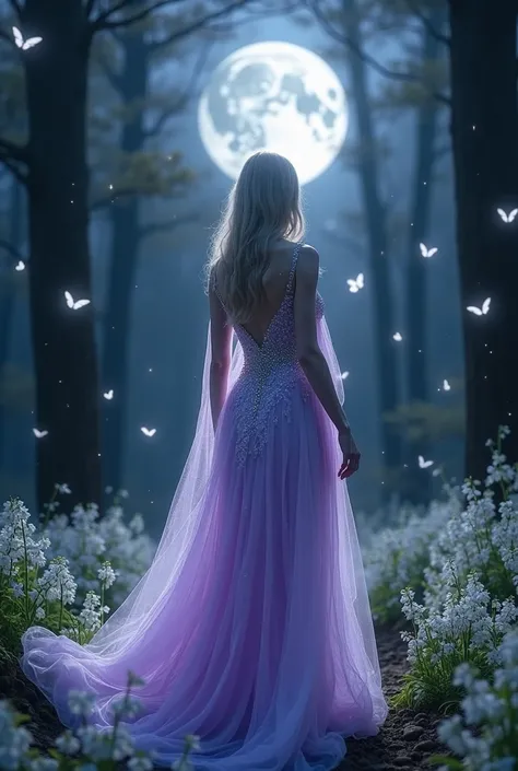 Full body shot, surrealism, ethereal white lily of the valley goddess wearing a beautiful ethereal purple color with glittering white lace dress decorated with little glimmering Swarovski crystals, white lily of the valley dryad, shiny and glossy texture, ...