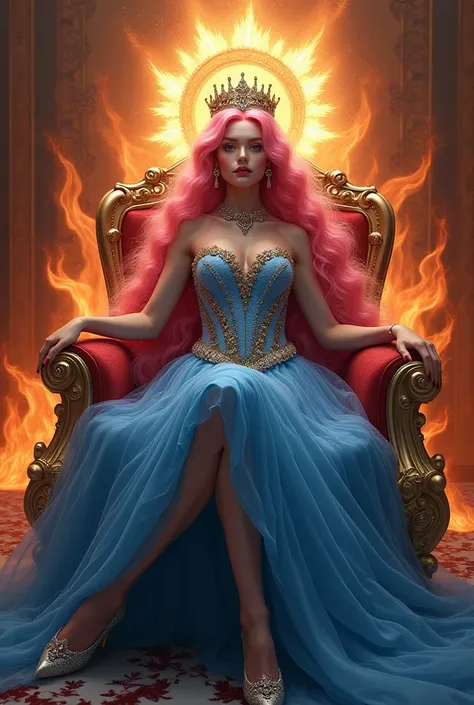 .The most gorgeous pink-haired, chest-haired girl in a luxurious blue dress, embellished with gold, sat on an elaborate throne. She wore high heels and wore a crown surrounded by a shining halo, a phoenix and a blaze of fire.