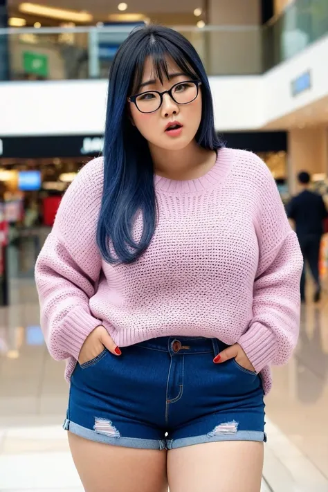 Masrerpiece, ultra detailed, 4k, ultra realistic, 1 woman, Chubby beauty, plus sized beauty japanese, 45 years old beautiful japanese, Wearing glasses, Long way hair And face-framing Bangs, navy BLUE hair, buxom, big bosom, curvy chubby beauty, Wearing swe...