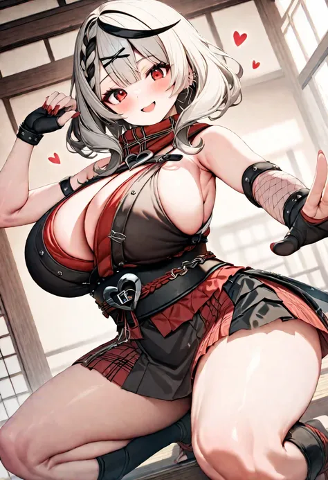 ( best quality , 8k , masterpiece , incredibly absurdres , perfect body , super detailed skin , highly detailed eyes and face , 1 woman ) ,  Sakamata Chloe , Silver Hair , red eyes , smile ,  will be happy , ( ninja , sleeveless, Heart, japanese clothes : ...