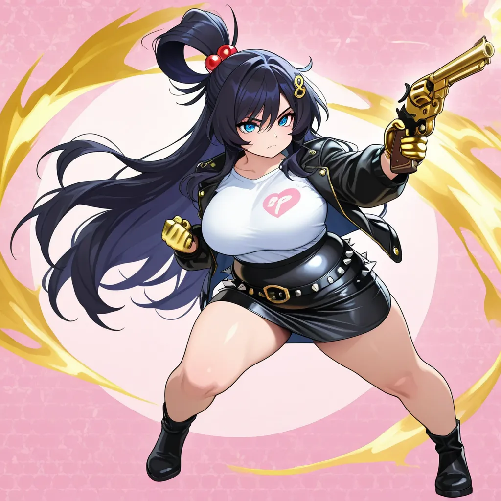 Anime, high detailed, 4K wallpaper, 1 girl, solo, Wearing jacket+shirt+spiked belt+Tight Black skirt, chubby beauty (plus sized), holding two Golden Guns (revolver), Pounding then to the viewer (ready to shot), serious face, extremely long hair, topknot+ha...