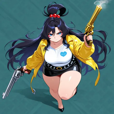 Anime, high detailed, 4K wallpaper, 1 girl, solo, Wearing jacket+shirt+spiked belt+Tight Black skirt, chubby beauty (plus sized), holding two Golden Guns (revolver), Pounding then to the viewer (ready to shot), serious face, extremely long hair, topknot+ha...