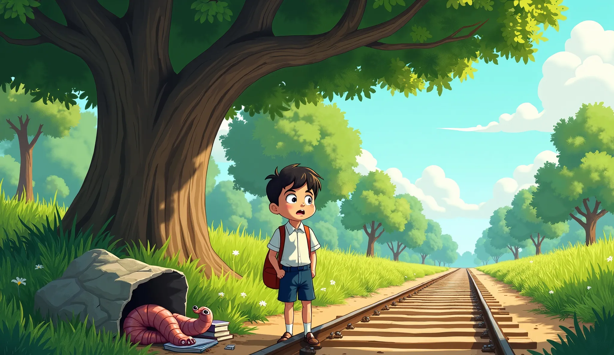 A highly detailed ultra-wide angle cartoon image of a  boy with fair skin, dressed in a neat government school uniform—a white shirt and navy blue shorts. He stands under a huge shade-giving tree beside railway tracks in a green wilderness. The railway tra...