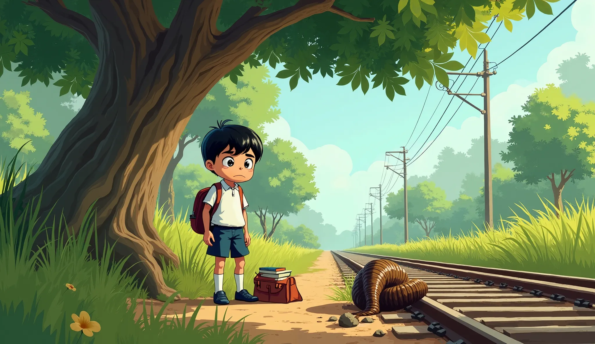 A highly detailed ultra-wide angle cartoon image of a  boy with fair skin, dressed in a neat government school uniform—a white shirt and navy blue shorts. He stands under a huge shade-giving tree beside railway tracks in a green wilderness. The railway tra...