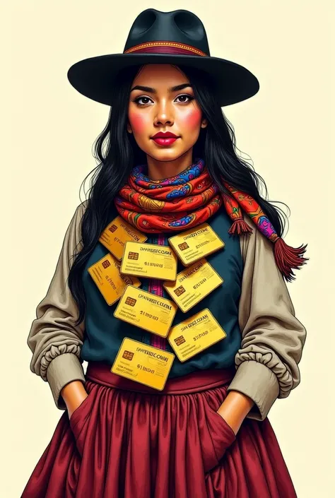 Make me a drawing like a hand drawing of a cholita from La Paz that has gold credit cards around her neck, That she is wearing a scarf type 