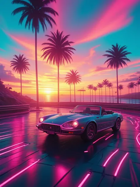 Road Trip at Sunset, convertible, palm trees, mad-vprwv, glowing