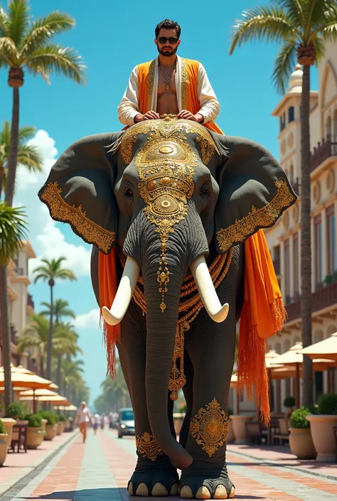 A majestic elephant of great proportions, their long curved fangs radiate grandeur, while your body is richly adorned with detailed gold ornaments. The decorative pieces shine under the sun, covering your head, legs and back, forming intricate patterns tha...