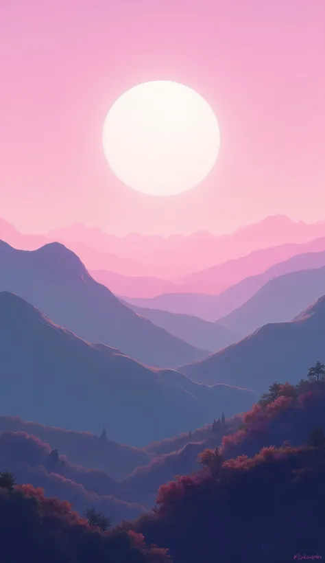 a landscape where you can see the earth and the sky on the horizon. The sky in shades of pink, With a moon in the middle. Earth and sky are separated by mountains