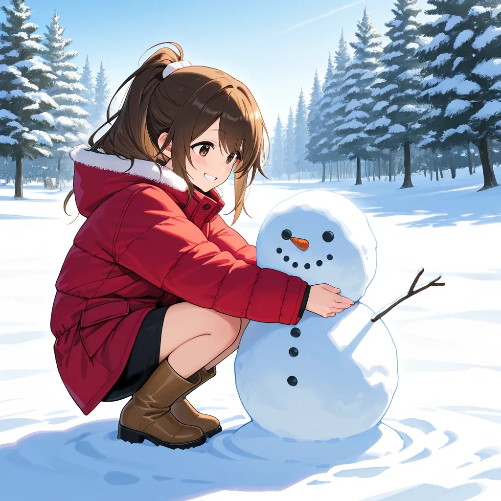 （ Masterpiece、 high quality)、「 in a beautiful snowy winter landscape 、 Please describe a mother and daughter having fun playing in the snow。 and her mother is in her late 30s 、 has long dark brown hair 、 wearing a red down jacket 。My daughter is about  、 w...