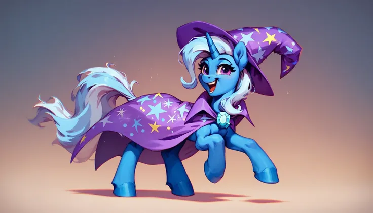 pony unicorn alone , trixie , adult mare, pale blue mane, purple eyes, happy smile on the face, stands on four hooves, pale blue tail, dressed in a thin crumpled diaper,  simple background . 