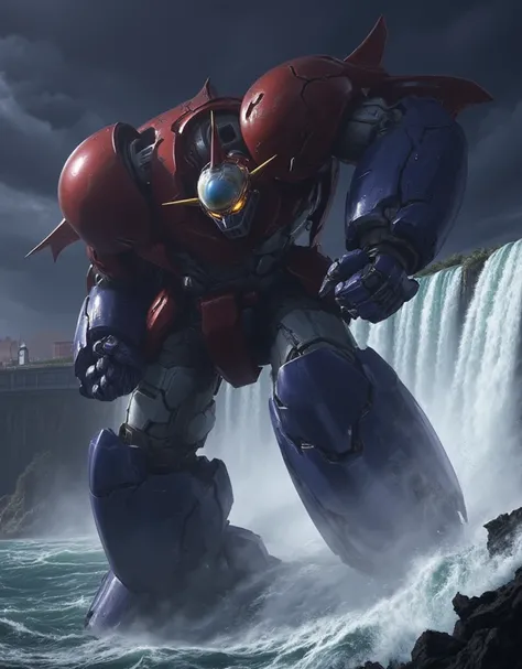 A very realistic version of the completely real Mazinger Z ,  is in a battle pose while leaning forward at 100 meters high　Attack from Niagara Falls　Remodeled to the great Mazinger Z, bad weather 　storm　thunder　爆風 acrobatic pose,  dynamic angle, Dangerous ...