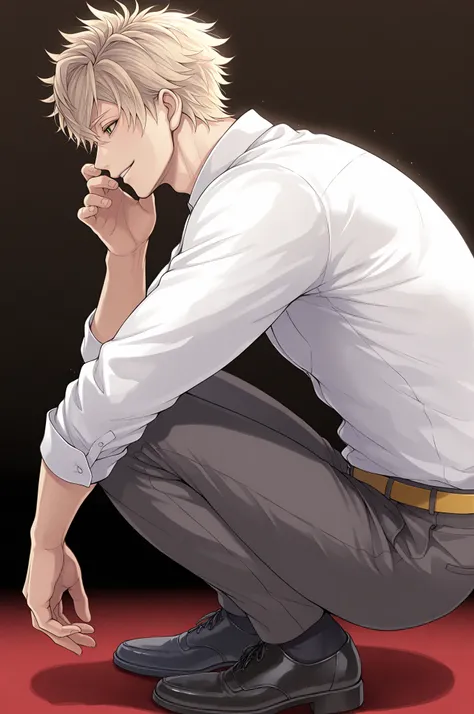 masterpiece, best quality, amazing quality, very aesthetic, vibrant colors, 1boy, male focus, Tokugawa Ieyasu, Ikemen Sengoku, jade green eyes, straw blond, flaxen hair, short hair, sexy man, handsome, mature male, white shirt, pants, black footwear, solo,...