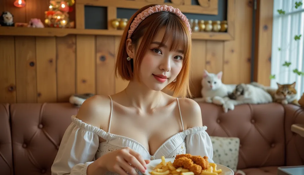 a concept cafe, rustic atmosphere, cute and pop decorations on the wooden walls, many cats are relaxing on the couch, an elegant yound-adult woman gets to feed me fried chicken and french fries, wearing a cafe staff uniform, pale orange and brown hair, sho...