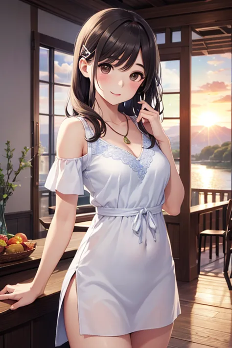 Takane Manaka, shiny brown long hair, pony tail with ribbon、beautiful brown eyes, smiling face, sparkling pupils, (fine grain), highly detailed eyes, highly detailed face, highly detailed eyes,, (masterpiece:1.2, best quality), 1 girl, cowboy shot,, 


cow...