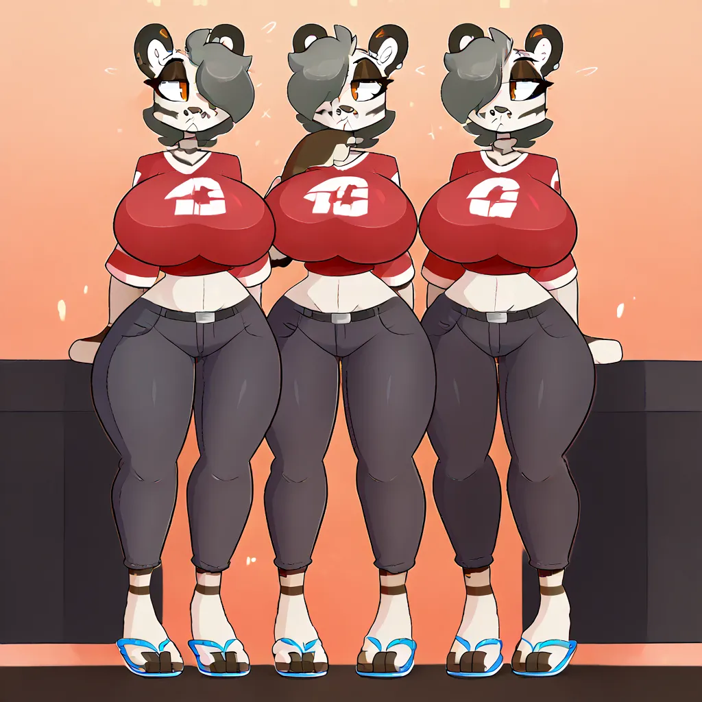 score_8_up, score_9_up, by kilinah, Yvette, ocelot, grey hair, orange eyes, crop top, big breasts, (((tight thicc black jeans))),belt,standing,(((white Flip flops))), dangling ,full body