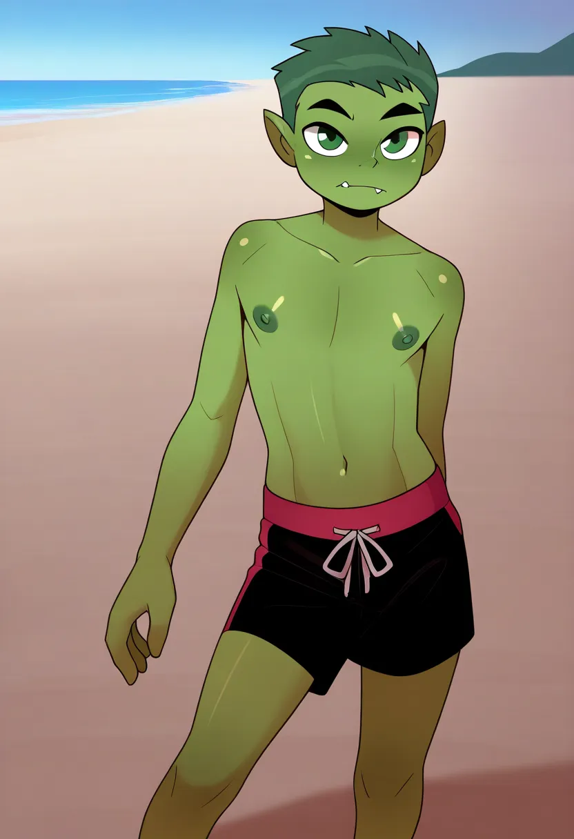 masterpiece, best quality, very aesthetic, absurdres,
1boy, beastboy, green hair, short hair, green eyes, green skin,
standing,
topless, fang, swim trunks, looking at viewer, solo, sea, sand, blue sky, beach background,    Nipples, dark, green nipples, dar...