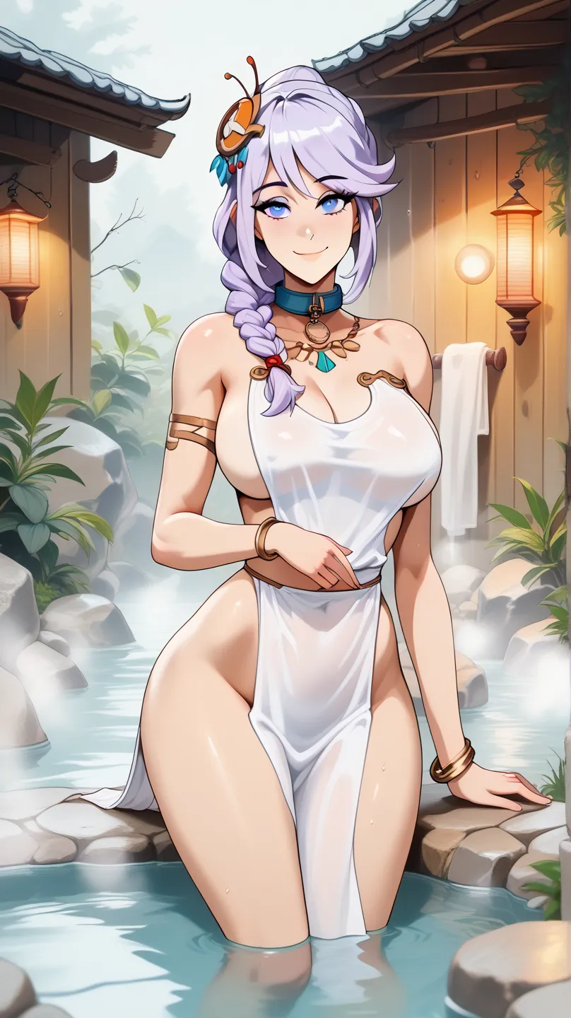  Woman in a player's room, mouth shut, 1 girl,  long hair, breasts, large  breasts, seductive smile, wry smile,wearing a slavakini , watching the observer, slavakini ,  pelvic curtain  , collar, bracelet , hair ornament,  braid, background onsen, Ky11er0ck...