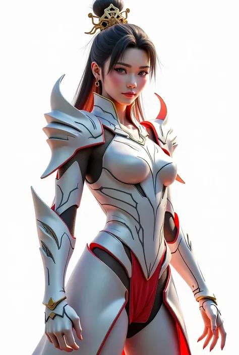 Anime style, Anime digital art, Imagine korean woman supreme in dramatic camera angle, Cinematic view, standing in heroic pose, he is wearing high fantasy armor, the armor must be dominantly bright white with additional details in metalic red and small det...