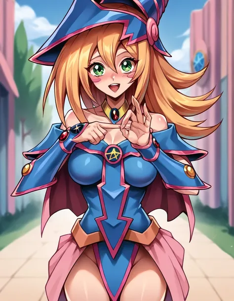 masterpiece, (highres:1.2), (ultra-detailed: 1.2), dark magician girl, standing, looking at viewer, background, depth of field, intricate details, highly detailed, best quality, masterpiece, lewd expression, sex gesture, sger,