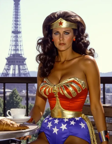 looking at the camera! Linda Carter as Wonder Woman,  with long wavy dark hair,  in a classic : Golden hoop,  red corset with gold stars ,  blue shorts with white stars and red knee-length boots. The lasso of truth ,  golden and glowing ,  hangs on his bel...