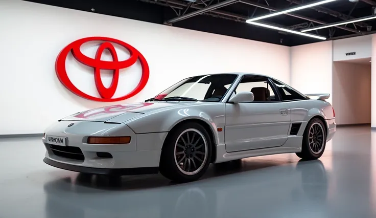 In saleek showroom 1990 Toyota MR2 in back wall logo Toyota 