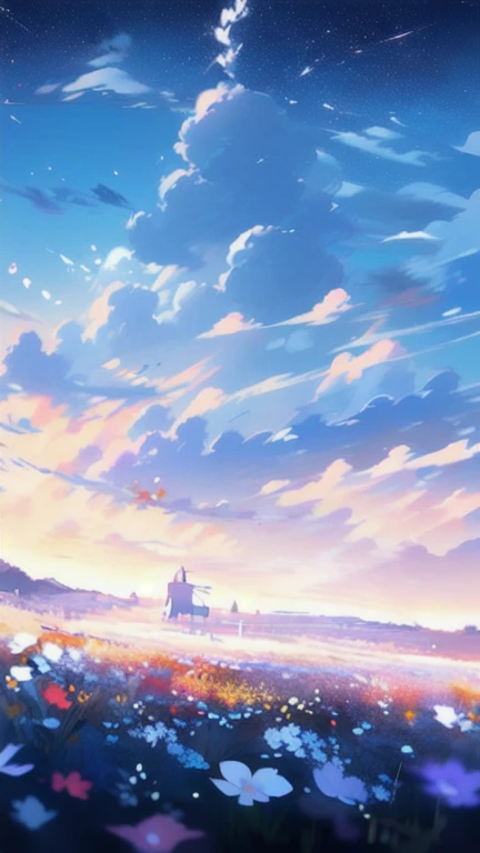 空を背景にしたBlue Flower Fieldの絵, Blue Flower Field, by Fumito Ueda,  by Kentaro Miura ,  Yamagata Hiroshi , by Jun Koizumi, Yoshihiko Wada, Kazuo Oshika, author：Miwa Komatsu, pastures,  Listening to Music in a Luxury Space , pasture, Studio Greeble Makoto Shink...